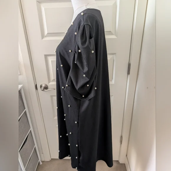 Black Puff Sleeve Dress with Beaded Pearl Accents - Picture 6 of 11